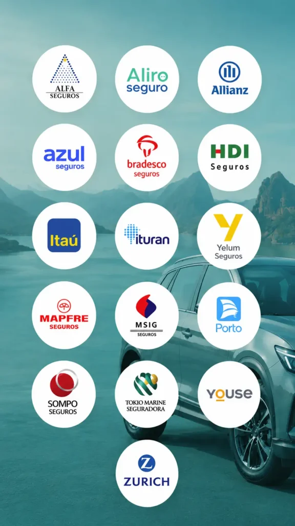 Logotipos das principais seguradoras parceiras da Camposure Seguros, incluindo Allianz, Bradesco Seguros, HDI, Porto, Tokio Marine, Mapfre, Azul Seguros, Sompo, Zurich, Itaú, Yelum, MSIG, Ituran, Alfa Seguros, Aliro Seguro e Youse.